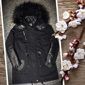 Black Fur & Fleece Lined Hood Leather Trim Parka